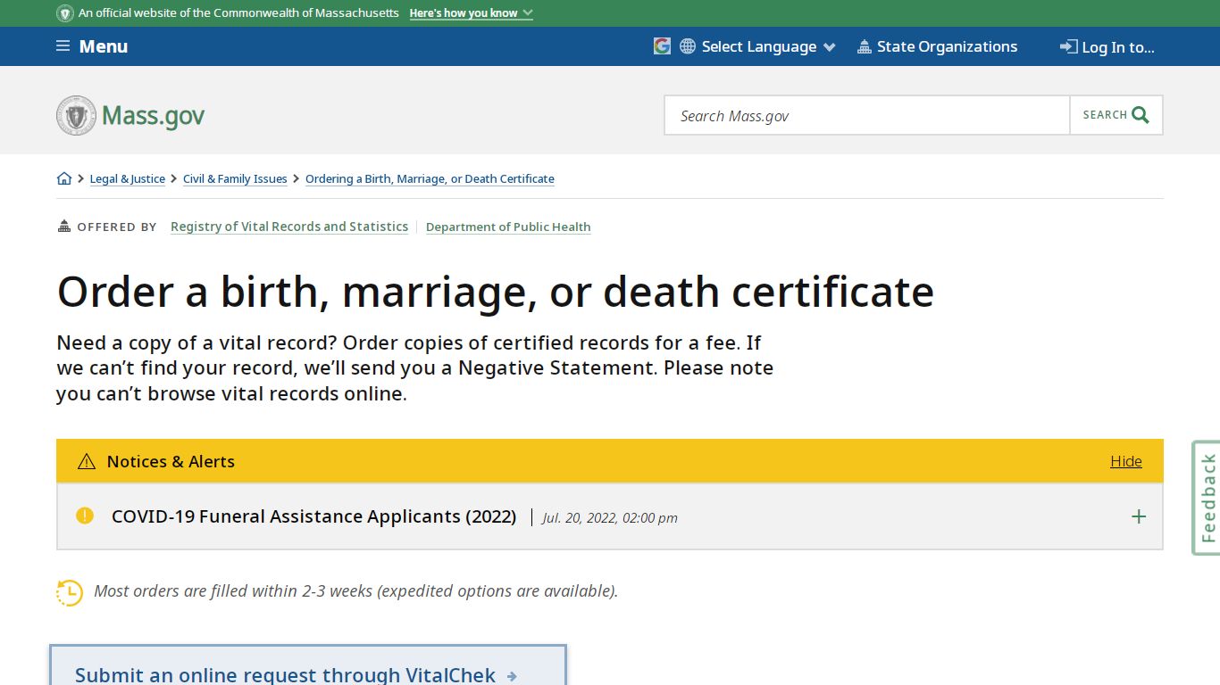 Order a birth, marriage, or death certificate | Mass.gov